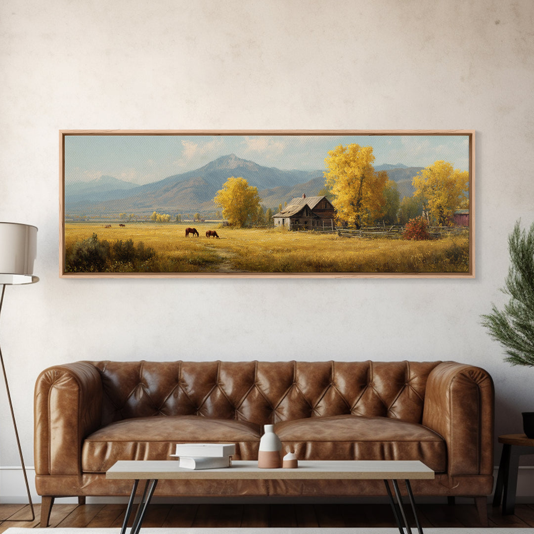 Autumn Mountain Cabin And Horses Wall Art, Rustic Farmhouse Landscape Painting, Country Home Decor, Large Canvas Print Gift