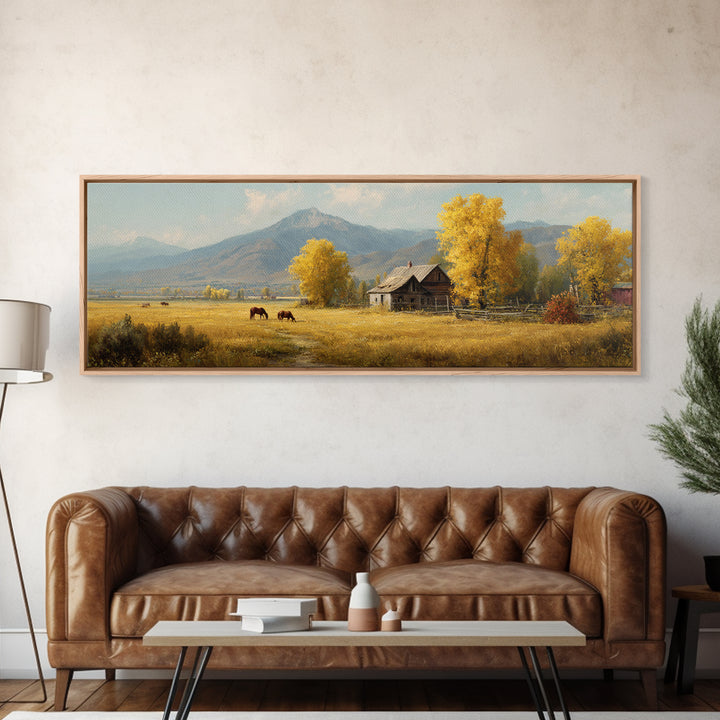 Autumn Mountain Cabin And Horses Wall Art, Rustic Farmhouse Landscape Painting, Country Home Decor, Large Canvas Print Gift