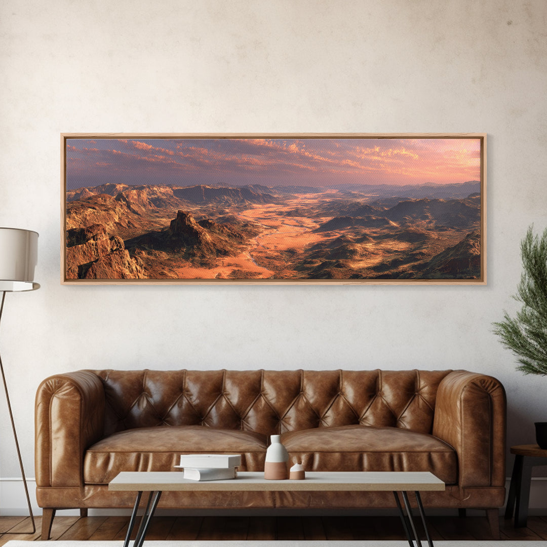 Golden Desert Valley Wall Art, Panoramic Mountain Landscape Canvas Print, Southwestern Home Decor, Large Above Sofa Art Print