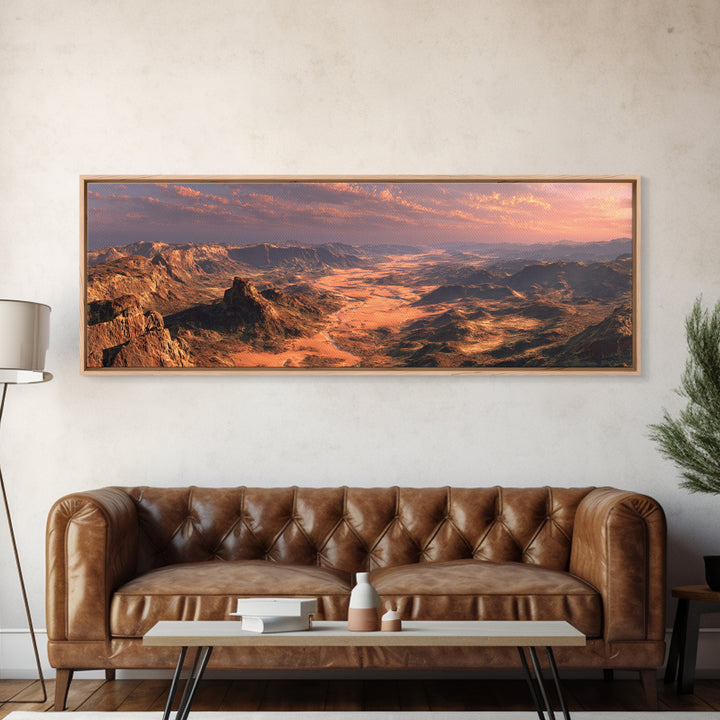 Golden Desert Valley Wall Art, Panoramic Mountain Landscape Canvas Print, Southwestern Home Decor, Large Above Sofa Art Print