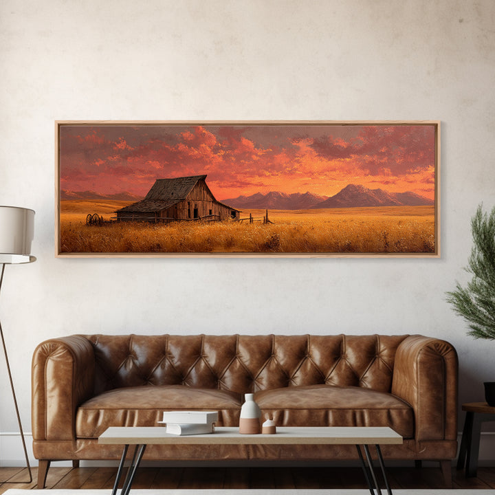 Rustic Barn At Sunset Framed Canvas Print, Western Landscape Living Room Wall Art, Farmhouse Decor, Country Home Housewarming Gift