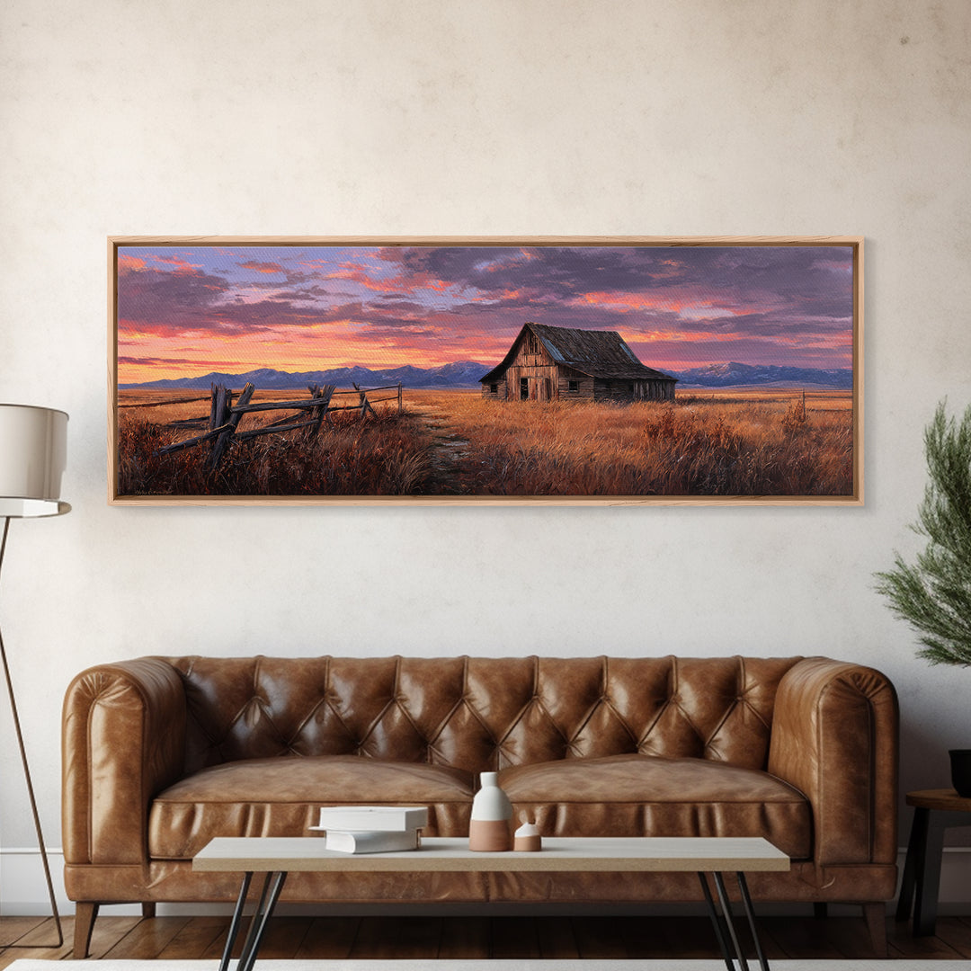 Rustic Barn Sunset Framed Canvas Print, Western Landscape Wall Art, Farmhouse Decor, Mountain Ranch Housewarming Gift For Him