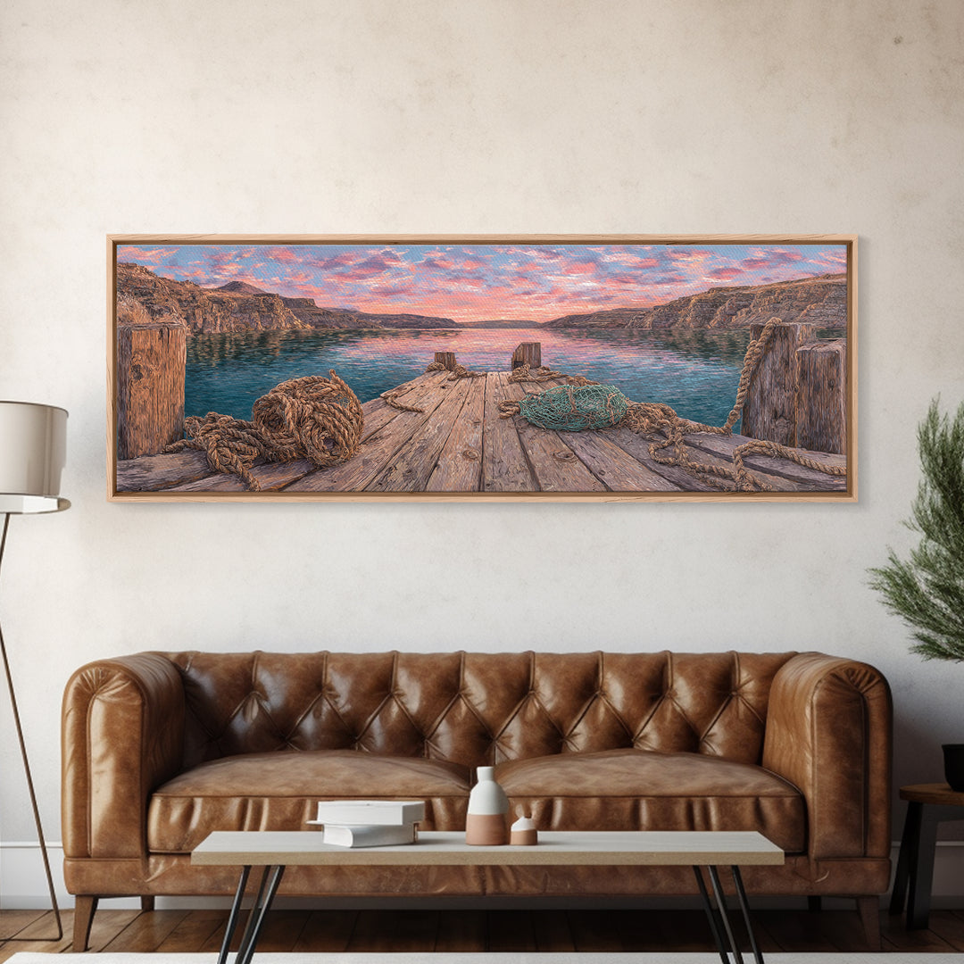 Rustic Lake Dock At Sunset Framed Canvas Print, Coastal Landscape Wall Art For Cabin Decor, Lake House, Living Room Decor