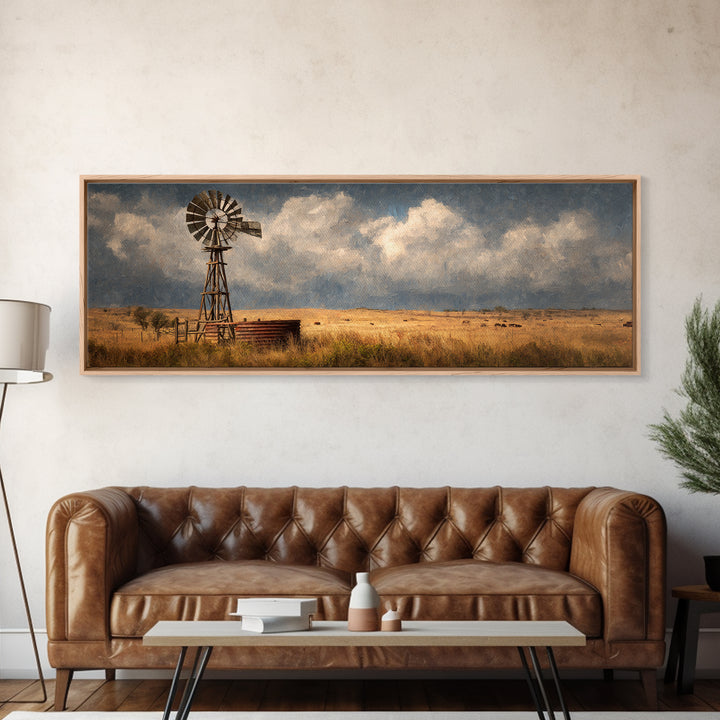 Stormy Prairie Windmill Wall Art, Rustic Western Canvas Print, Farmhouse Landscape Decor, Large Country Art For Living Room