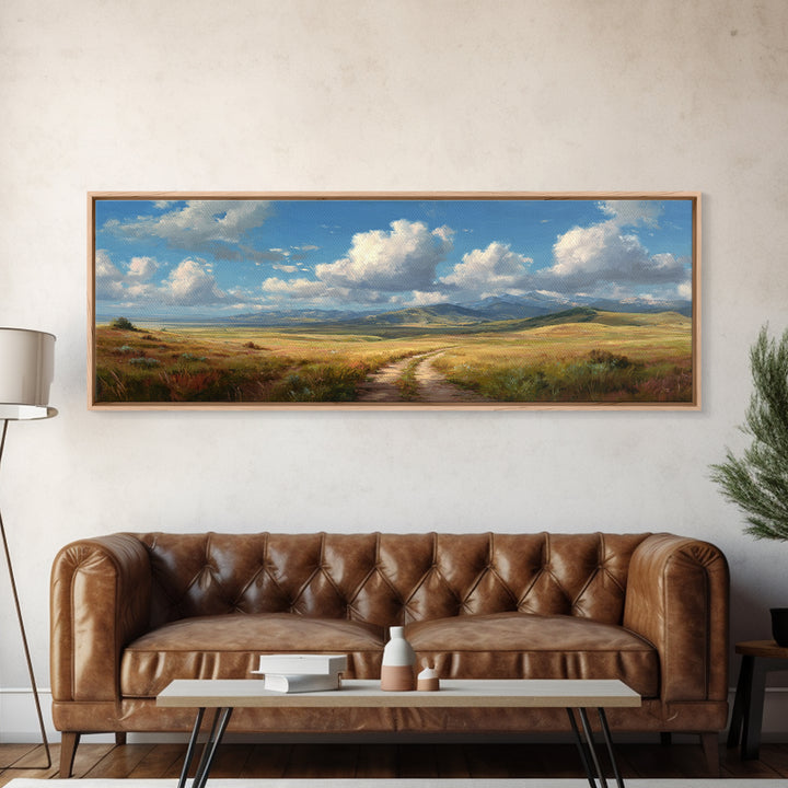 Open Prairie Path And Clouds Framed Canvas Print, Country Landscape Wall Art, Rustic Farmhouse Decor, Nature Oil Painting Print