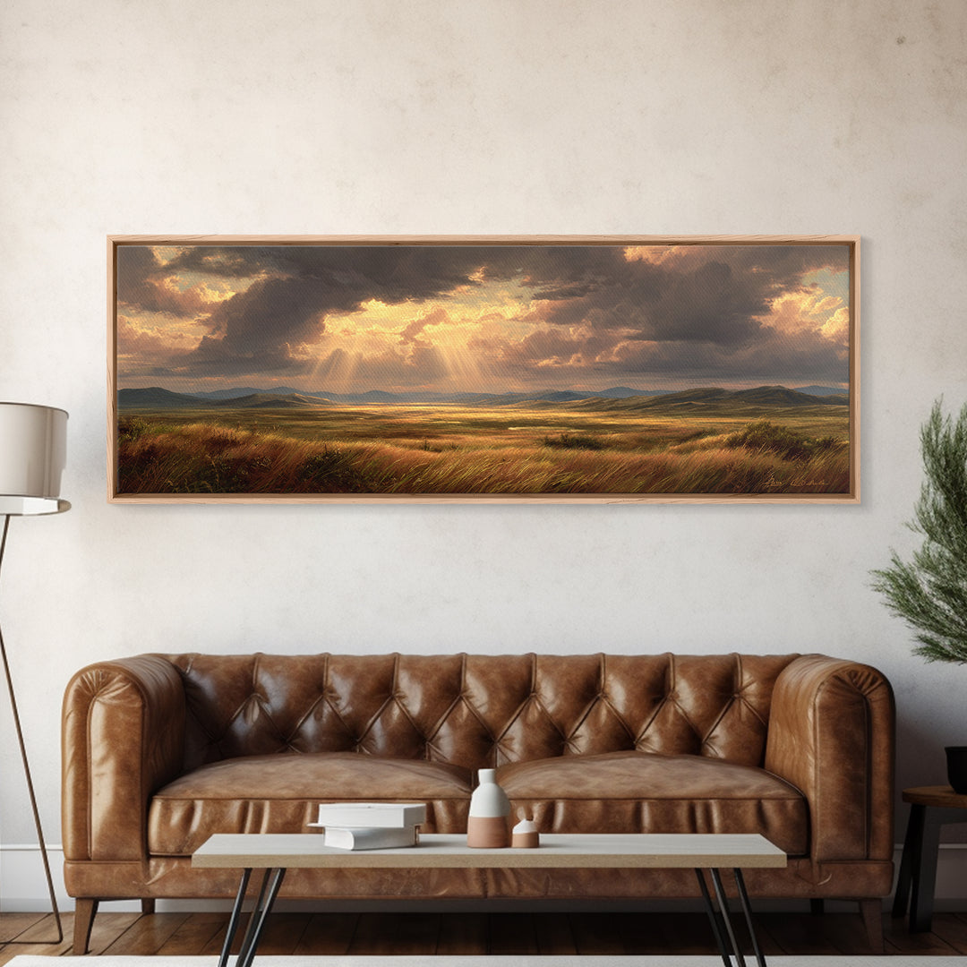 Golden Sun Rays Over Prairie Wall Art, Dramatic Sky Landscape Canvas Print, Nature Wall Decor, Rustic Living Room Art Gift