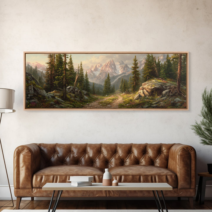 Alpine Forest Trail Mountain Landscape Wall Art, Panoramic Canvas Print For Cabin Living Room Decor And Nature Lovers Gift