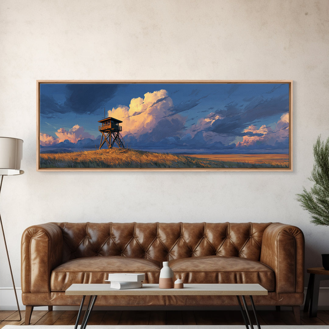 Prairie Watchtower Under Golden Clouds Wall Art, Western Landscape Canvas Print, Rustic Nature Decor, Large Horizontal Art