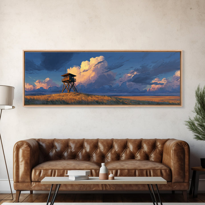 Prairie Watchtower Under Golden Clouds Wall Art, Western Landscape Canvas Print, Rustic Nature Decor, Large Horizontal Art