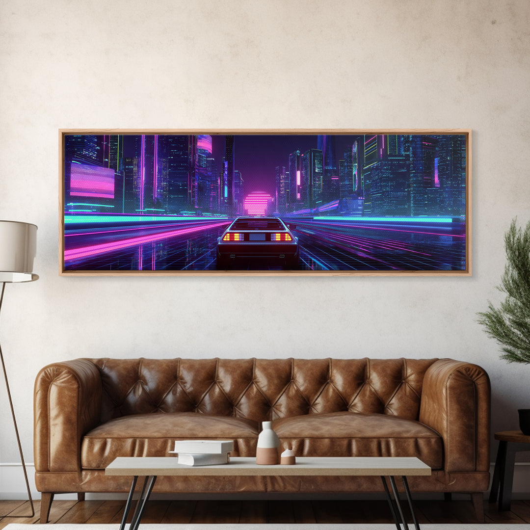 Neon Car Racing Through Cyberpunk City Canvas Print, Futuristic Wall Art, Synthwave Decor, Sci Fi Gaming Room Poster Art