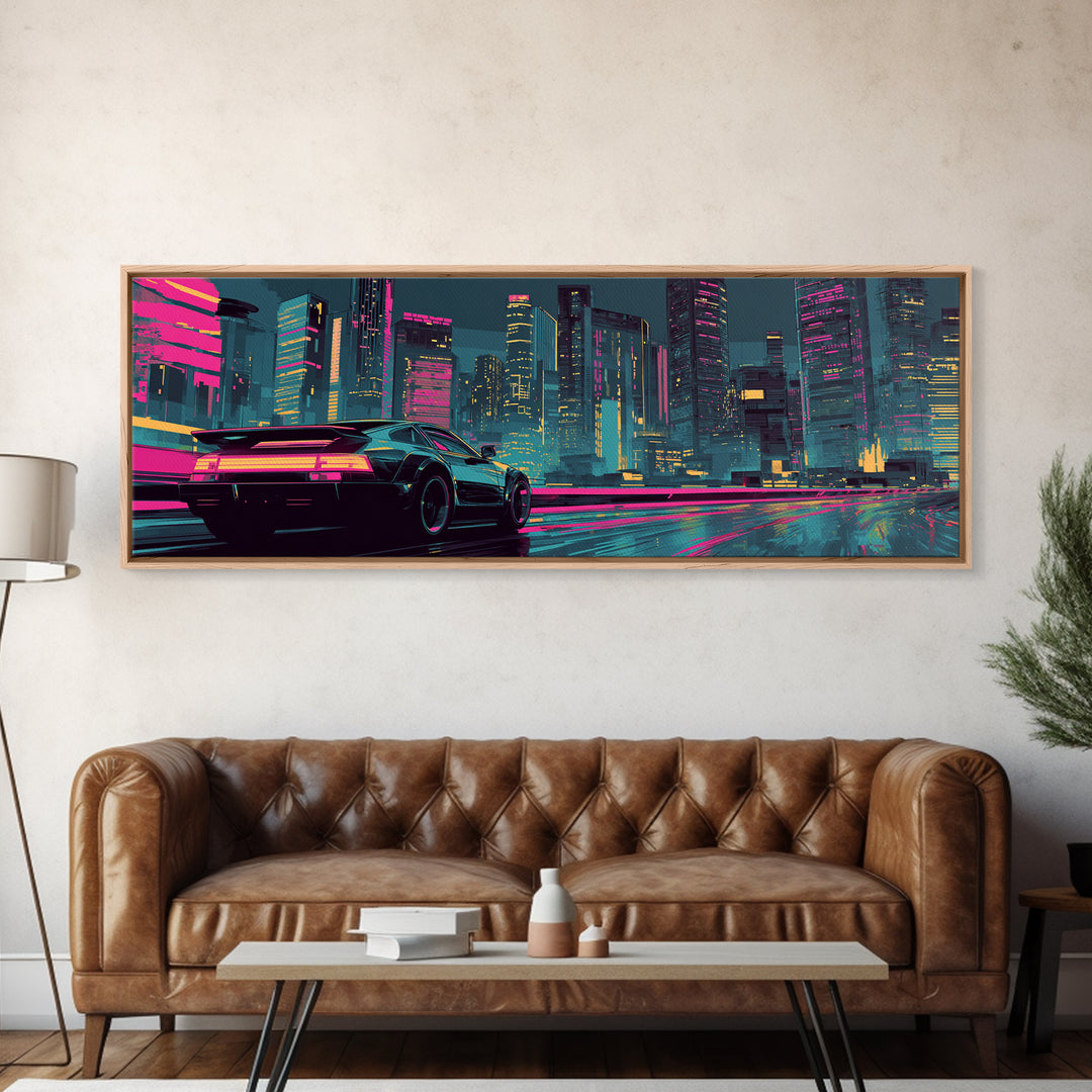 Cyberpunk Sports Car Canvas Print, Neon City Wall Art, Futuristic Gaming Room Decor, Large Synthwave Modern Wall Art Print