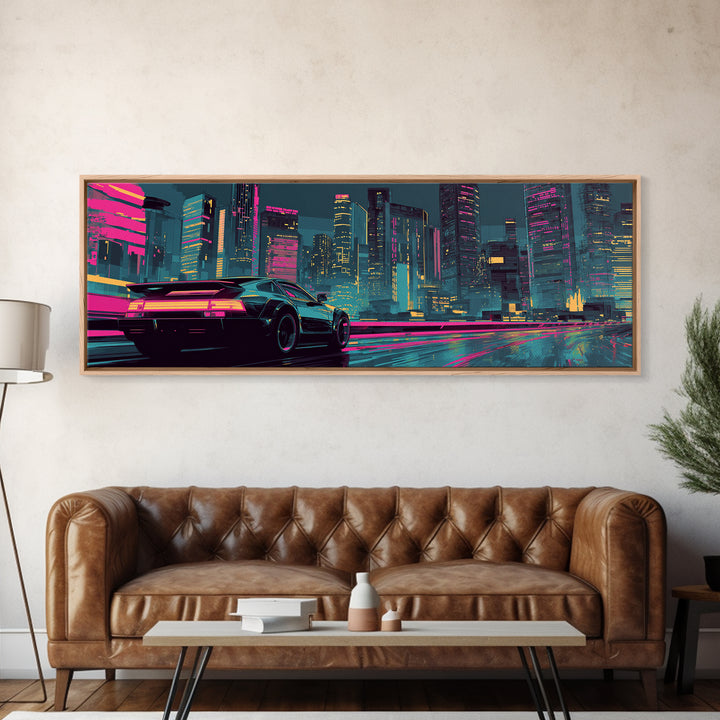Cyberpunk Sports Car Canvas Print, Neon City Wall Art, Futuristic Gaming Room Decor, Large Synthwave Modern Wall Art Print