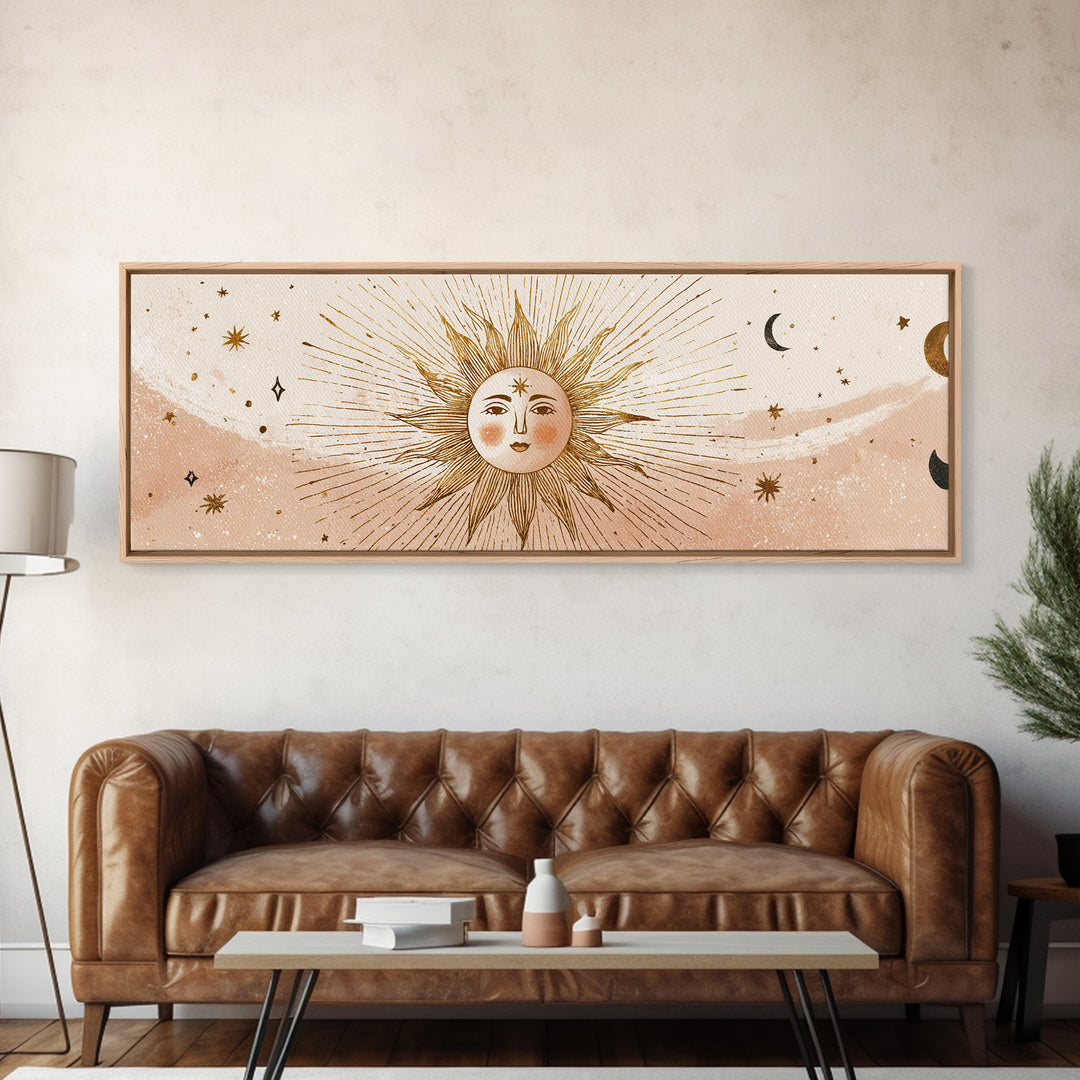 Boho Sun And Moon Wall Art, Celestial Canvas Print, Mystical Astrology Decor, Neutral Nursery And Bedroom Wall Decor, Above Bed Art