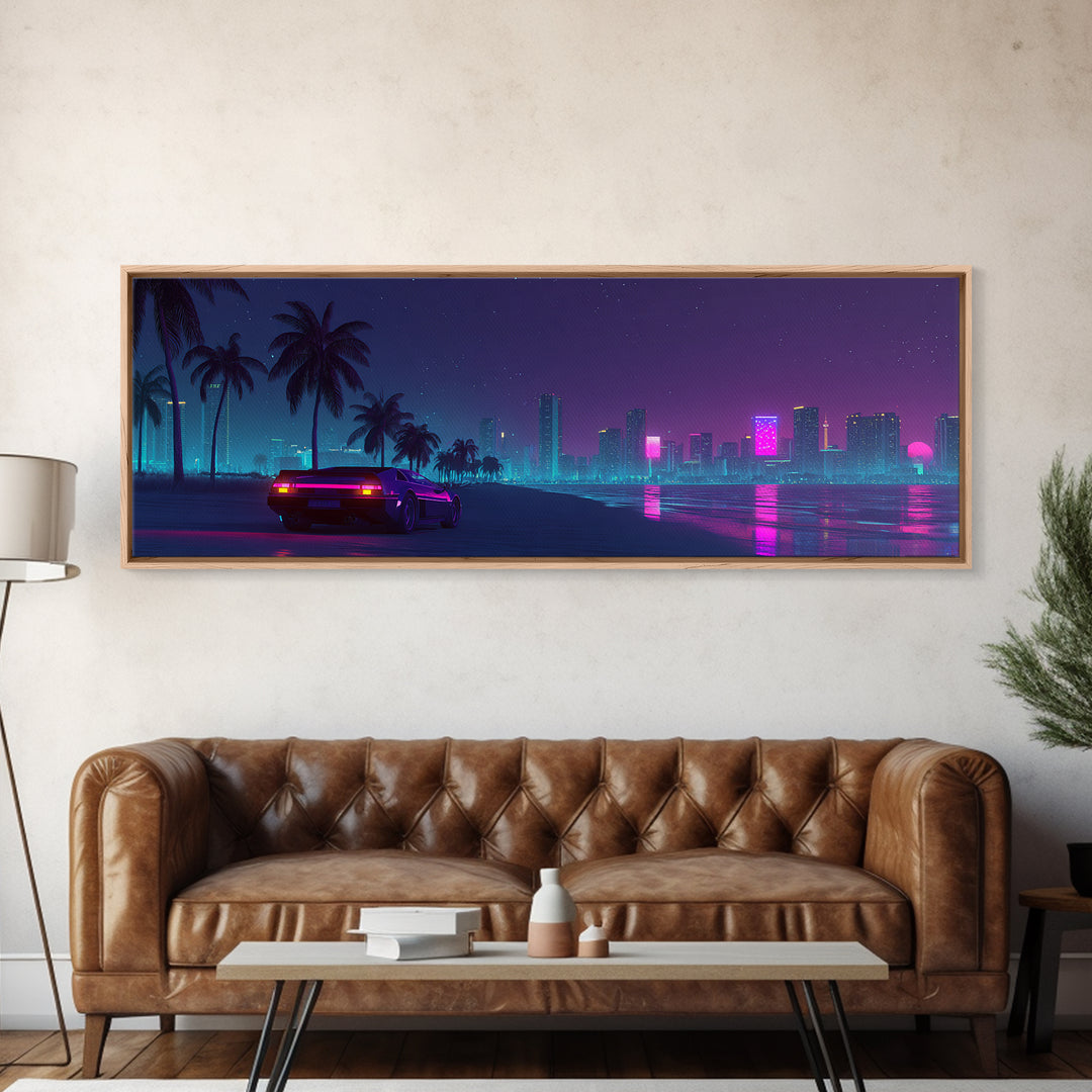 Neon Cyberpunk City Beach Wall Art, Retro Futuristic Canvas Print, Vaporwave Decor For Gaming Room And Modern Office Decor