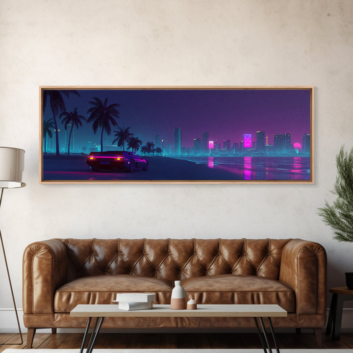Neon Cyberpunk City Beach Wall Art, Retro Futuristic Canvas Print, Vaporwave Decor For Gaming Room And Modern Office Decor