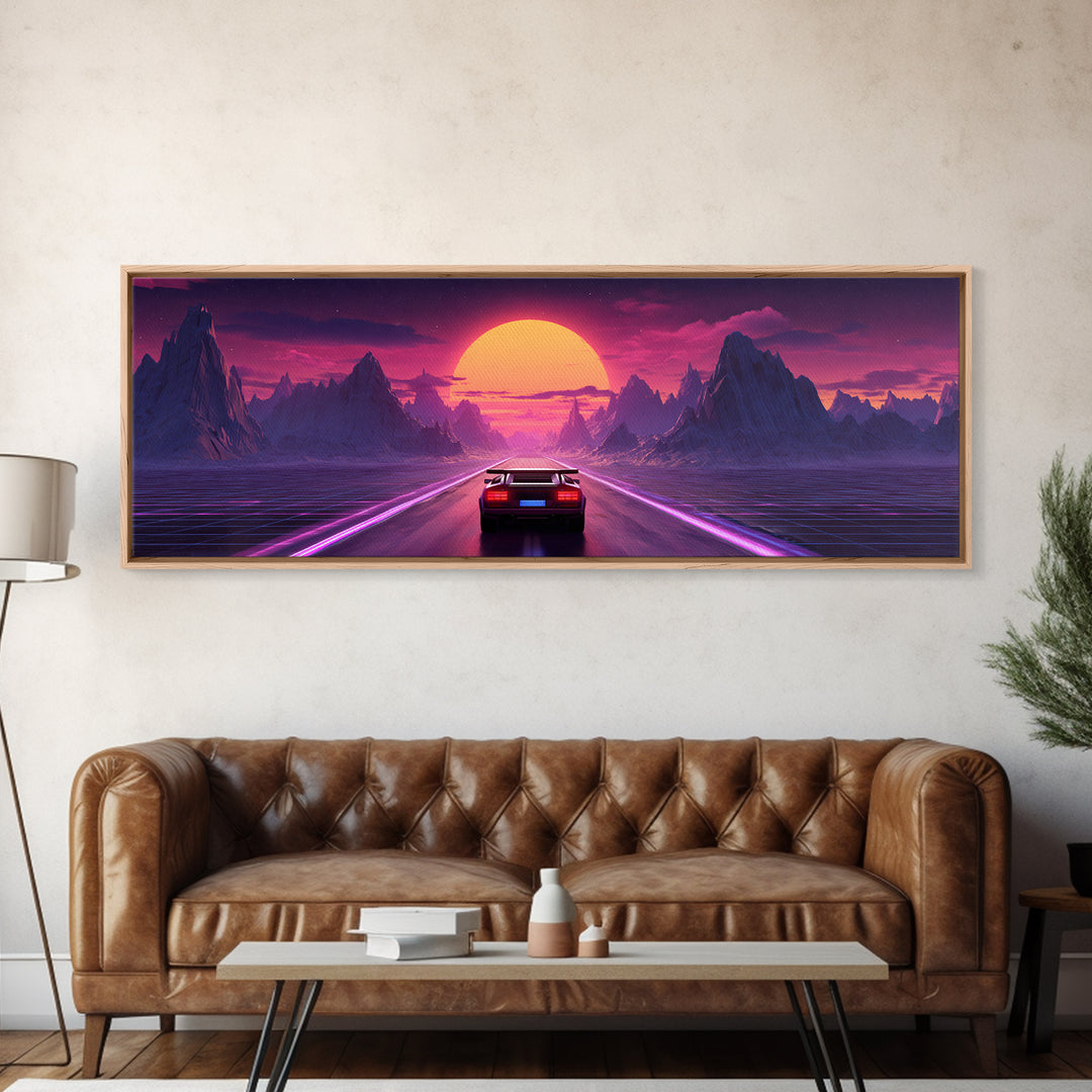 Retro Futuristic Car Road Canvas Print, Cyberpunk Mountain Wall Art, Neon Synthwave Gaming Room Decor, Sci Fi Poster, Gift For Him