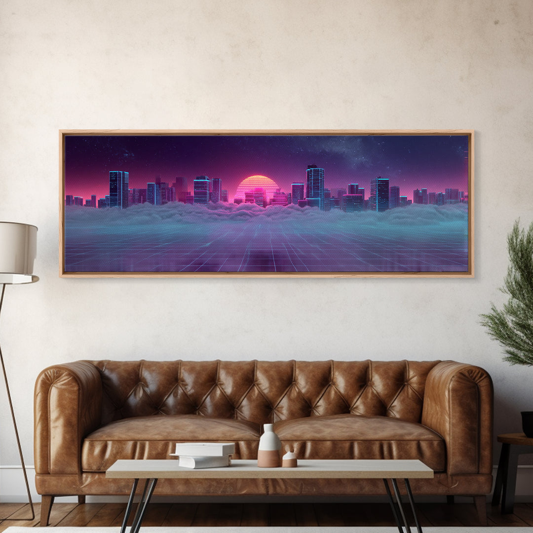 Vaporwave Skyline Over Clouds Canvas Print, Retro Futuristic City Wall Art, Neon Synthwave Decor, Gaming Room Poster, Gift