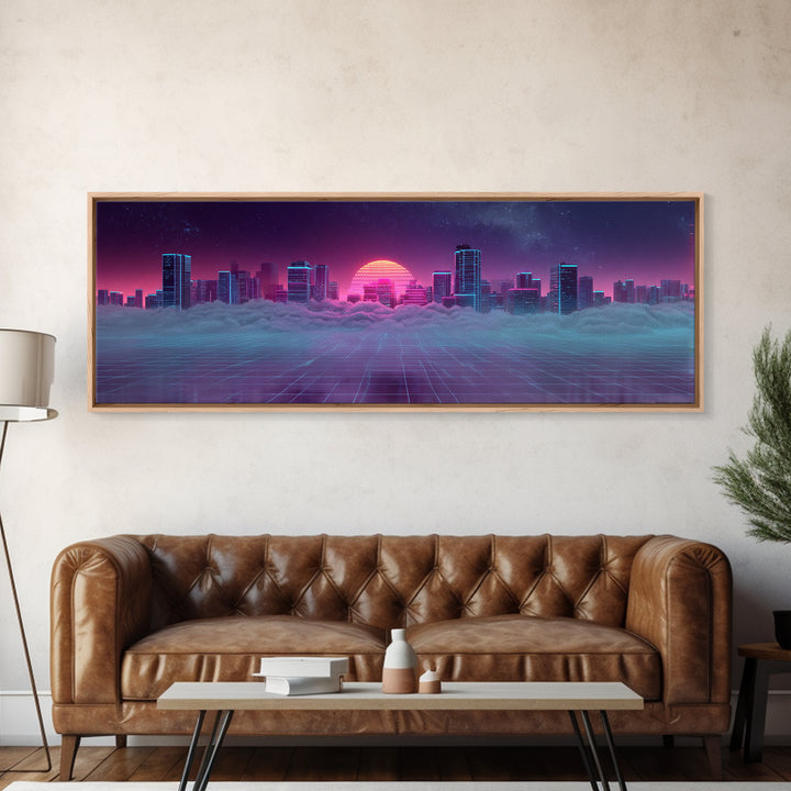 Vaporwave Skyline Over Clouds Canvas Print, Retro Futuristic City Wall Art, Neon Synthwave Decor, Gaming Room Poster, Gift