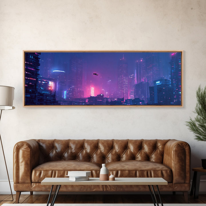 Cyberpunk Neon City Skyline Wall Art, Futuristic Framed Canvas Print, Sci Fi Urban Decor, Gaming Room Wall Decor, Large Print