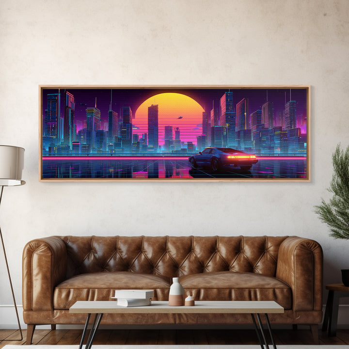 Neon Cyberpunk City Car Canvas Print, Futuristic Wall Art, Sci Fi Poster, Gaming Room Decor, Vaporwave Modern Home Decor