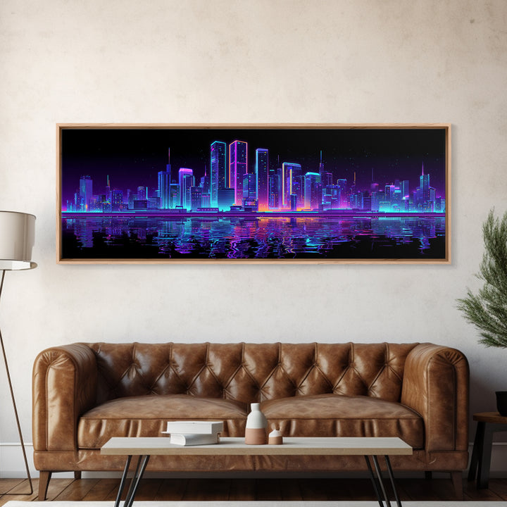 Neon Cyberpunk City Skyline Wall Art, Futuristic Synthwave Canvas Print, Urban Night Office Decor, Gamer Room Home Decor Poster