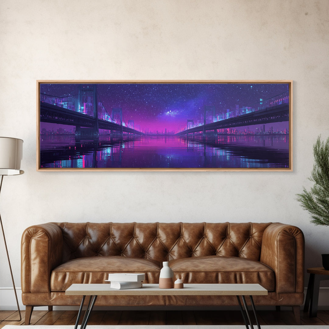 Neon Twin Bridges Over City Water, Cyberpunk Wall Art, Futuristic Canvas Print, Sci Fi Urban Decor, Gaming Room Art, Office Decor