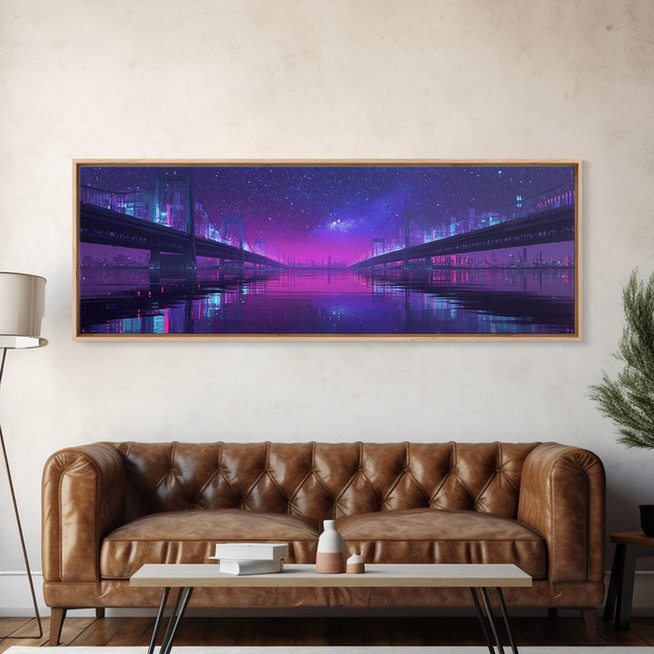 Neon Twin Bridges Over City Water, Cyberpunk Wall Art, Futuristic Canvas Print, Sci Fi Urban Decor, Gaming Room Art, Office Decor