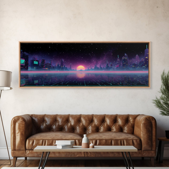 Futuristic Neon City Skyline Wall Art, Cyberpunk Grid Landscape, Sci Fi Poster, Vaporwave Decor, Gaming Room Canvas Print