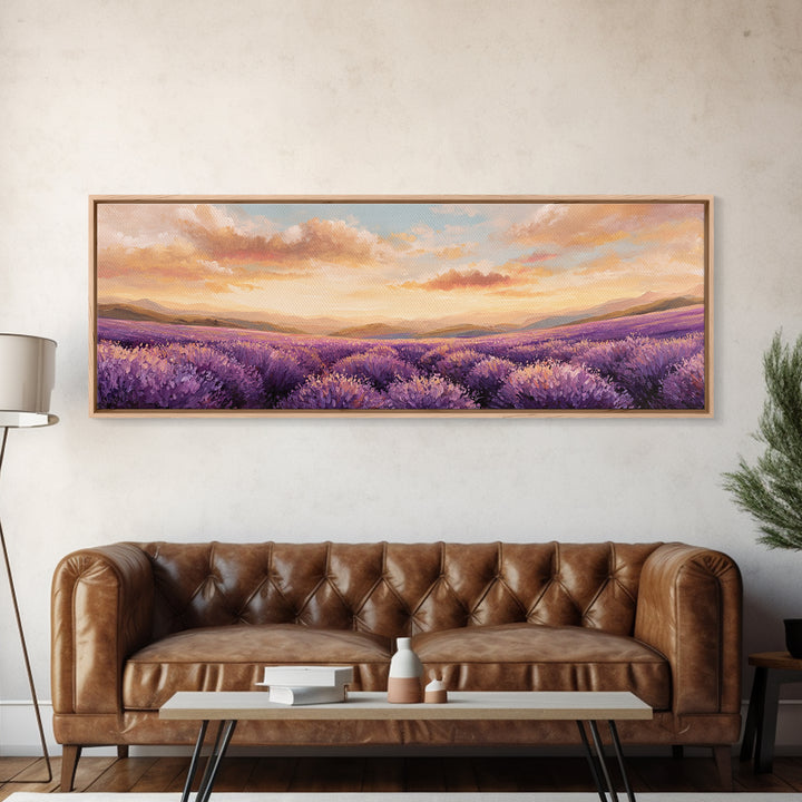 Sunset Lavender Field Landscape Wall Art, Panoramic Canvas Print, French Country Decor, Large Above Sofa Wall Decor, Provence Print