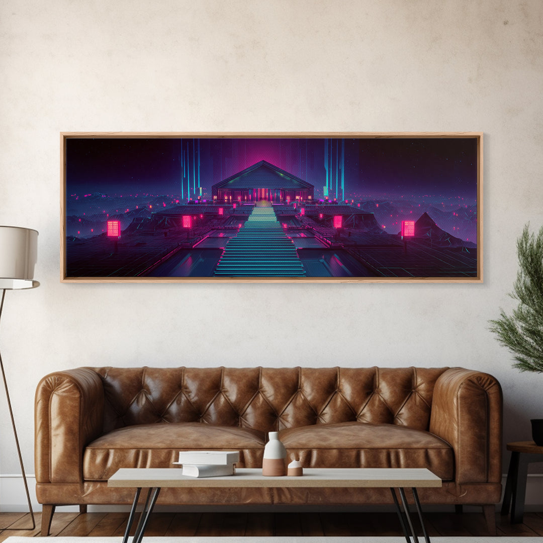 Neon Cyberpunk Temple Stairway Canvas Print, Futuristic Wall Art, Sci Fi Gaming Room Decor, Modern Statement Artwork For Office