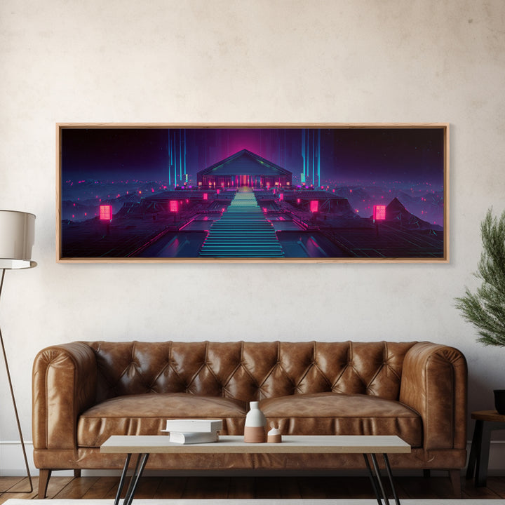 Neon Cyberpunk Temple Stairway Canvas Print, Futuristic Wall Art, Sci Fi Gaming Room Decor, Modern Statement Artwork For Office