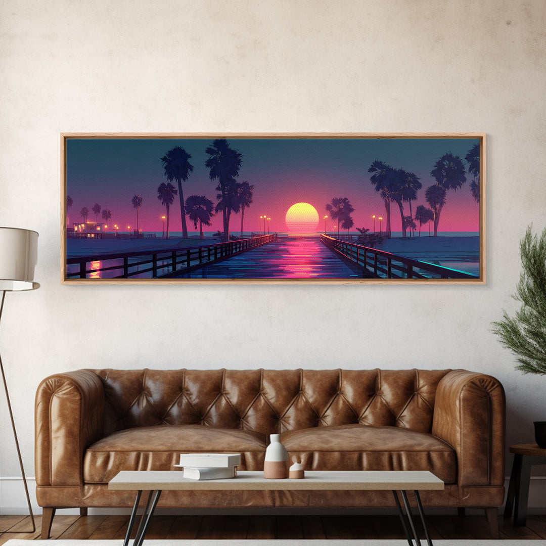 Sunset Pier With Palm Trees Canvas Print, Tropical Beach Wall Art, Coastal Vaporwave Decor For Bedroom And Living Room Wall Decor