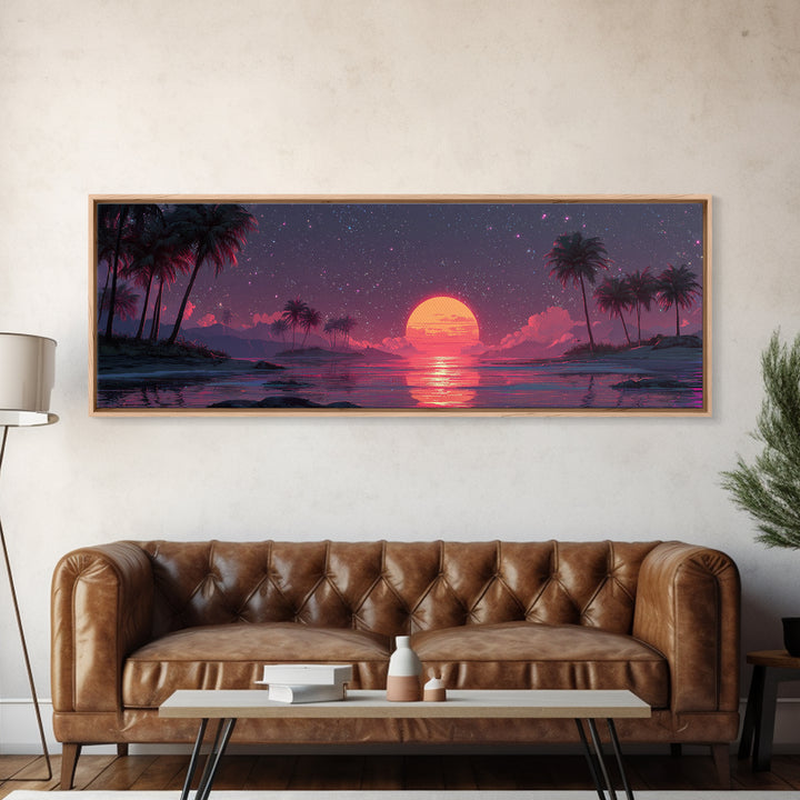 Starry Tropical Lagoon With Giant Pink Moon Wall Art, Celestial Coastal Beach Decor, Palm Island, Night Sky Canvas Print