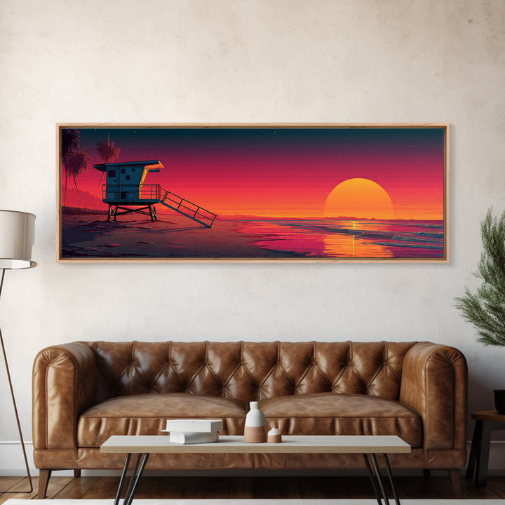 Retro Lifeguard Tower Sunset Canvas Print, Beach Wall Art, Coastal Decor, Vaporwave Poster, Summer Ocean Home Decor, Beach House Gift