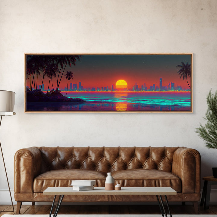 Retro Neon Coastal City Skyline Wall Art, Palm Beach Sunset, Synthwave Ocean Decor, Modern Living Room Canvas Print, Large Horizontal Art