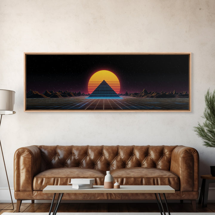 Retro Pyramid Sunset Canvas Print, Synthwave Desert Wall Art, Futuristic Vaporwave Decor, Gaming Room Statement Artwork Poster