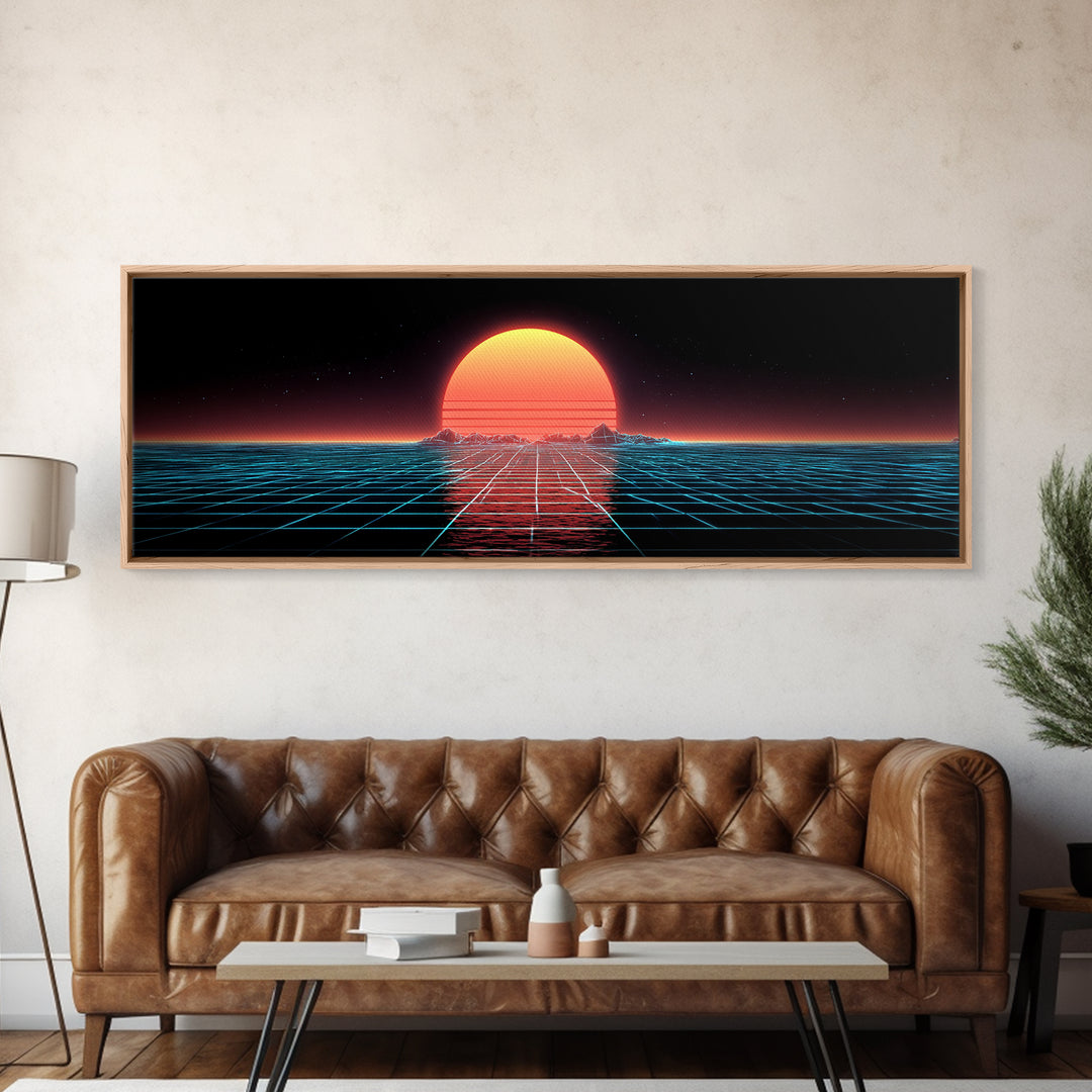 Retro Futuristic Ocean Grid Sunset Wall Art, Synthwave Neon Landscape, Vaporwave Decor, Large Horizontal Art Print, Home Decor