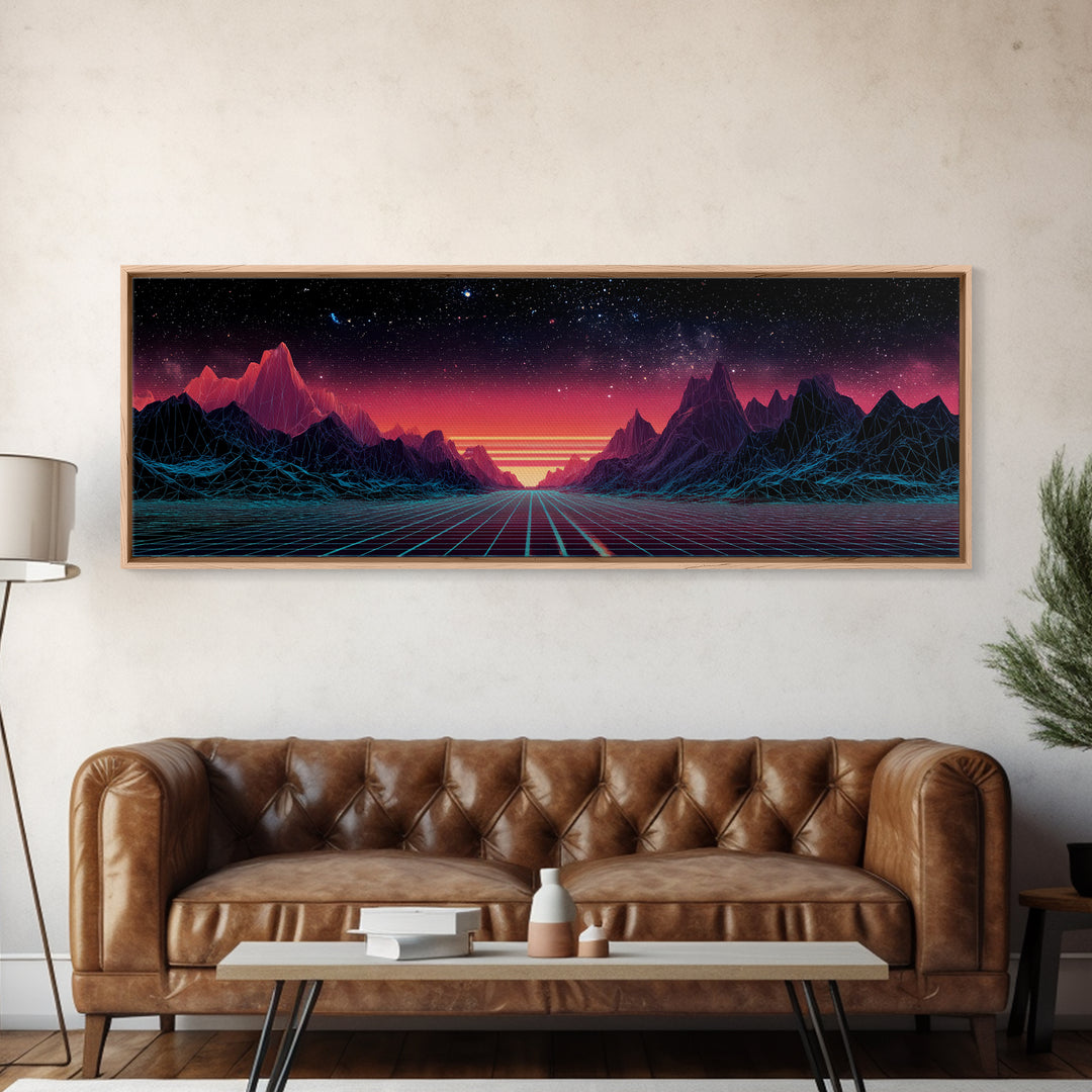 Synthwave Mountain Road Under Starry Sky, Retro Futuristic Wall Art, Landscape Canvas Print, Man Cave Decor, Large Wall Art