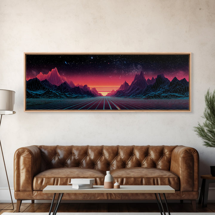 Synthwave Mountain Road Under Starry Sky, Retro Futuristic Wall Art, Landscape Canvas Print, Man Cave Decor, Large Wall Art