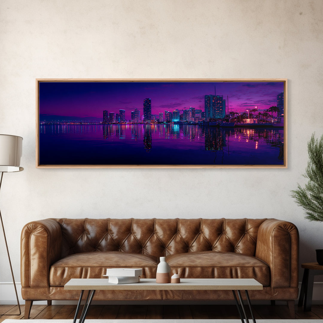 Neon Waterfront City Skyline Wall Art, Miami Night Canvas Print, Urban Photography Decor, Modern Office Living Room Poster