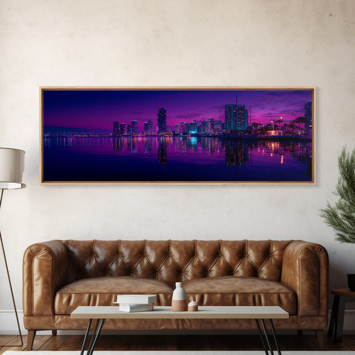 Neon Waterfront City Skyline Wall Art, Miami Night Canvas Print, Urban Photography Decor, Modern Office Living Room Poster