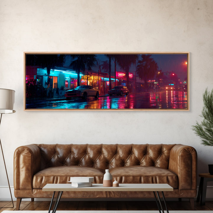 Rainy Neon City Street Wall Art, Cyberpunk Urban Night Canvas Print, Retro Motel Lights, Modern Office Decor, Moody Wall Decor