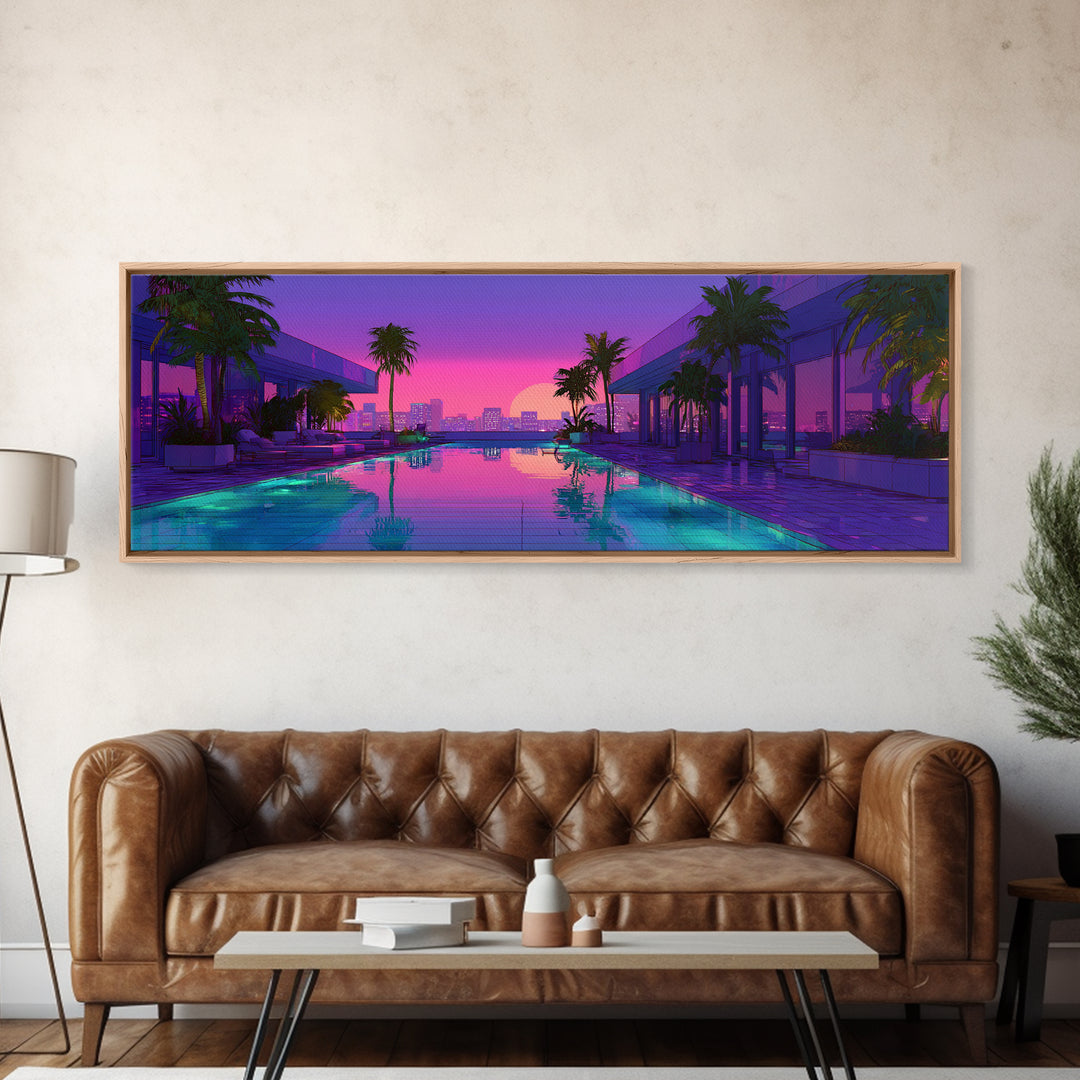 Neon Poolside City Sunset Framed Canvas Print, Miami Palm Skyline Wall Decor, Cyberpunk Art, Modern Living Room Decor, Large Wall Art