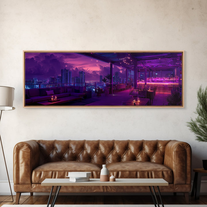 Neon Rooftop Lounge Skyline At Dusk Wall Art, Cyberpunk Cityscape, Futuristic Bar Decor, Panoramic Living Room Print Home Decor