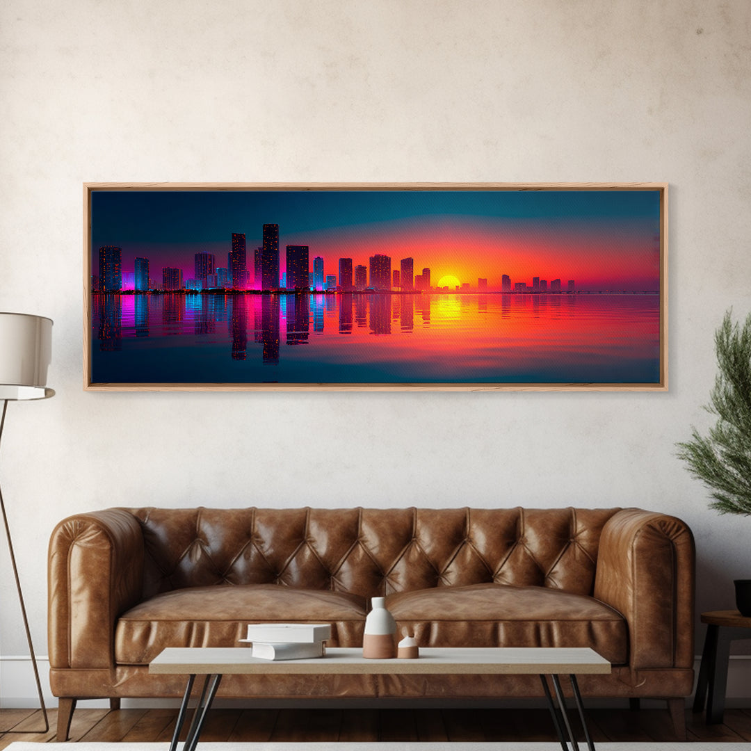 Neon City Skyline Sunset Wall Art, Modern Urban Landscape With Water Reflections, Colorful Office Decor, Large Canvas Print
