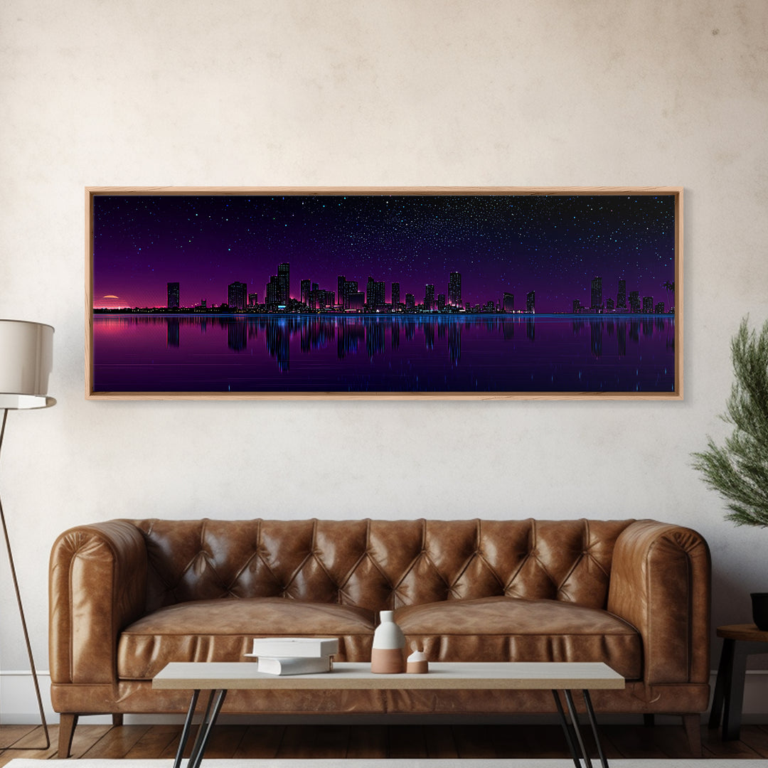 Purple Starry City Skyline Reflection, Modern Wall Art, Cyberpunk Canvas Print, Urban Night Decor, Office Wall Decor, Living Room Art