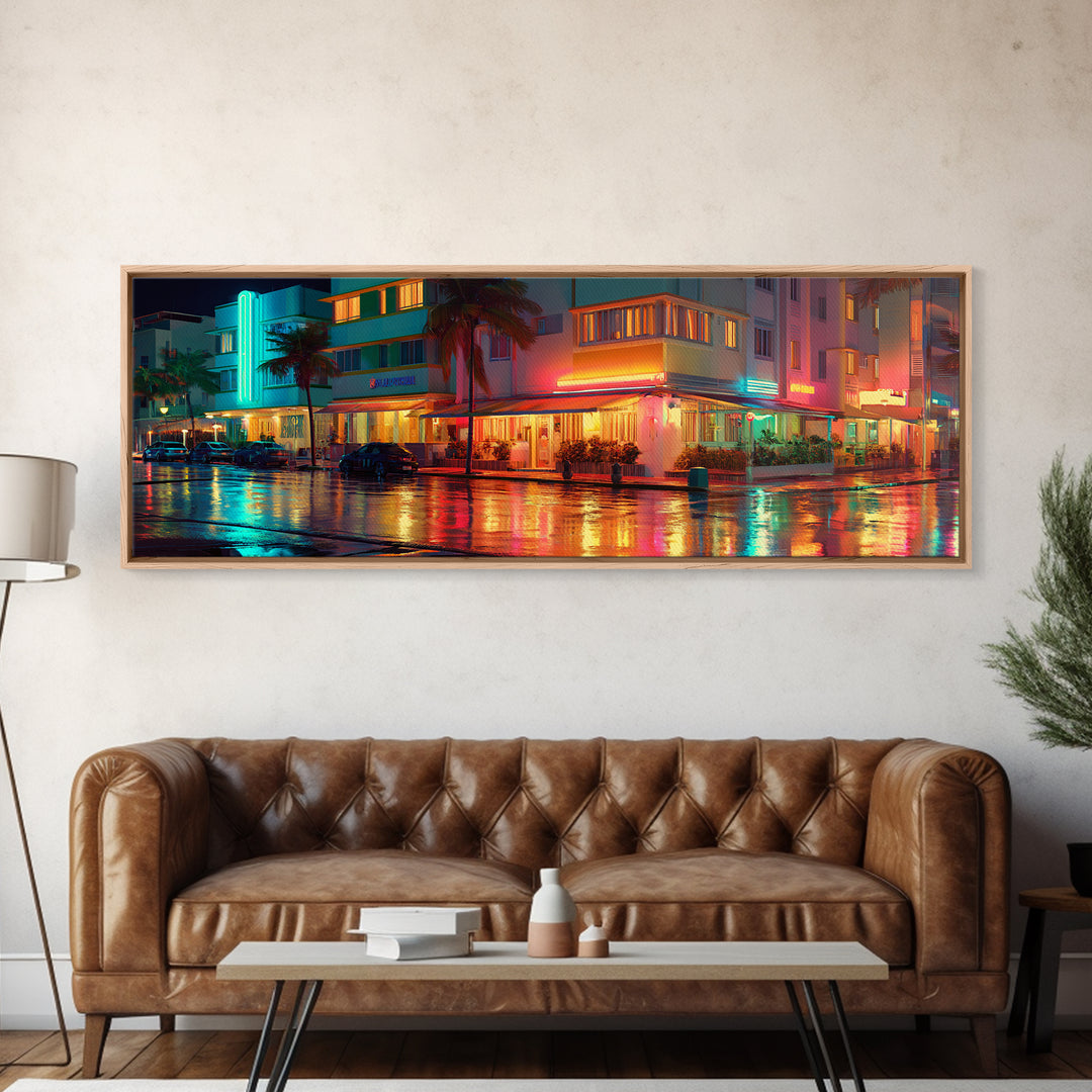 Neon Rainy Art Deco Hotel Street Wall Art, Miami Urban Night Cityscape, Retro Travel Poster, Framed Canvas Print, Office Decor