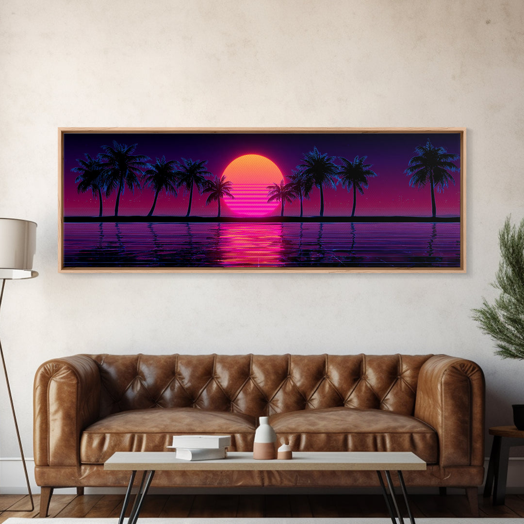 Neon Palm Tree Sunset Canvas Print, Tropical Beach Wall Art, Retro Coastal Decor, Pink Purple Living Room Art, Home Decor