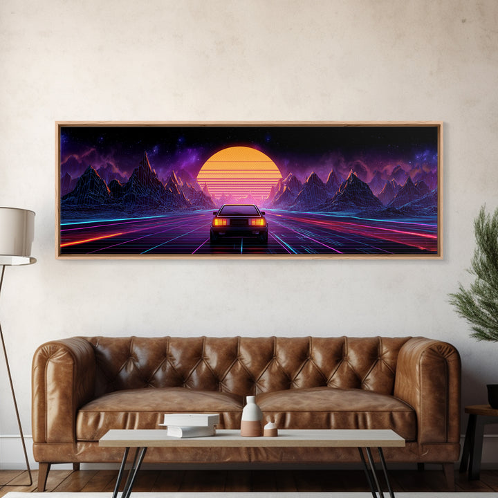 Neon Synthwave Car Wall Art, Retro Futuristic Mountains, Cyberpunk Sunset Decor, Gaming Room Poster, Panoramic Canvas Print