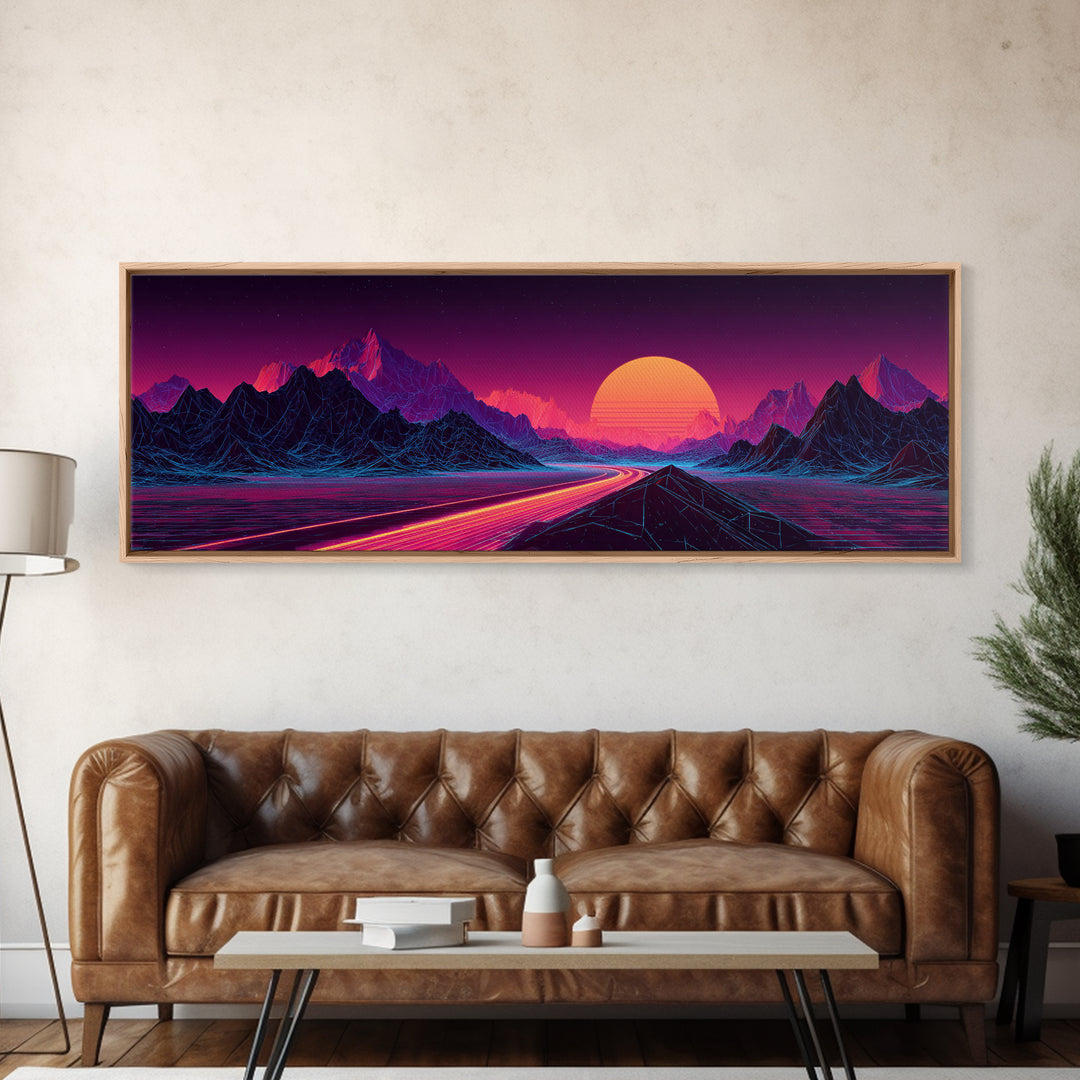 Neon Highway Through Purple Mountains Framed Canvas Print, Synthwave Wall Art, Retro Futuristic Decor, Gaming Room Poster
